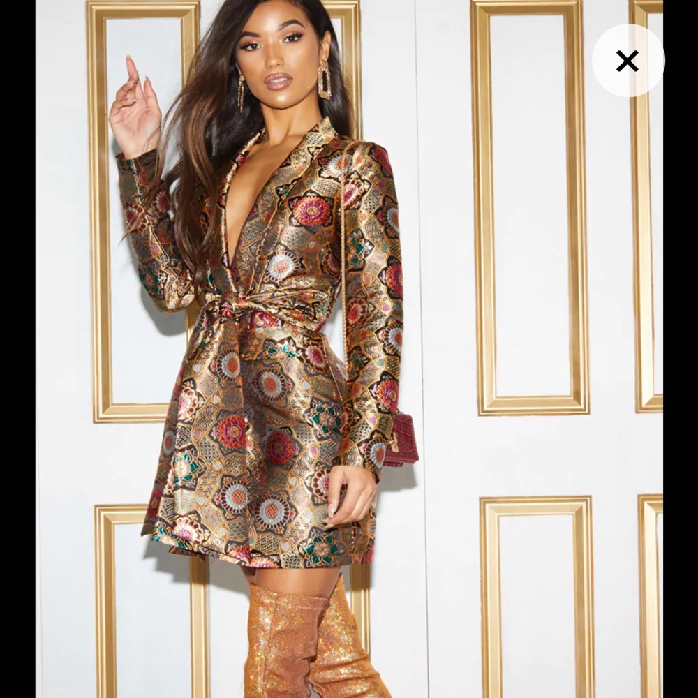 Prettylittlething Multi print jacquard printed blazer jacket 4 gold embroidered